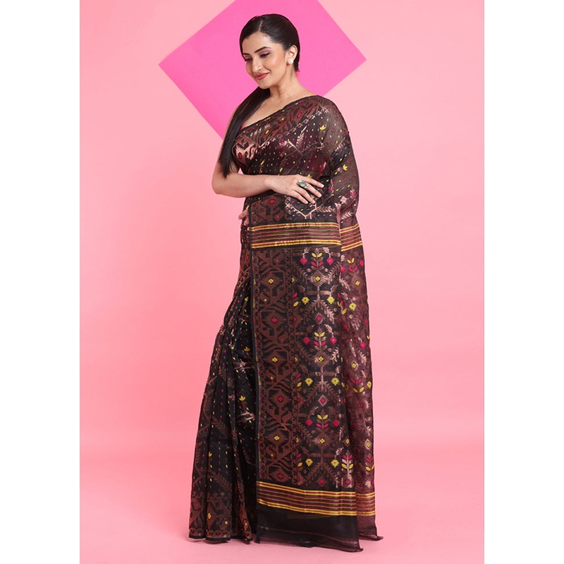 Black Cotton Woven Work Saree Without Blouse Piece - JD986606285