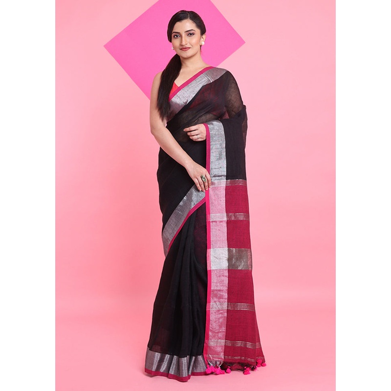 Black Linen Silk Saree With Blouse Piece - JD986606283