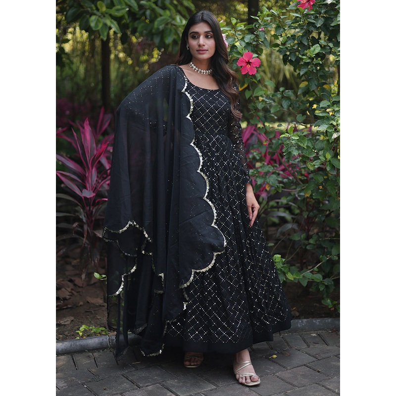 Black Readymade Georgette Dupatta Indian Dress - JD986606122