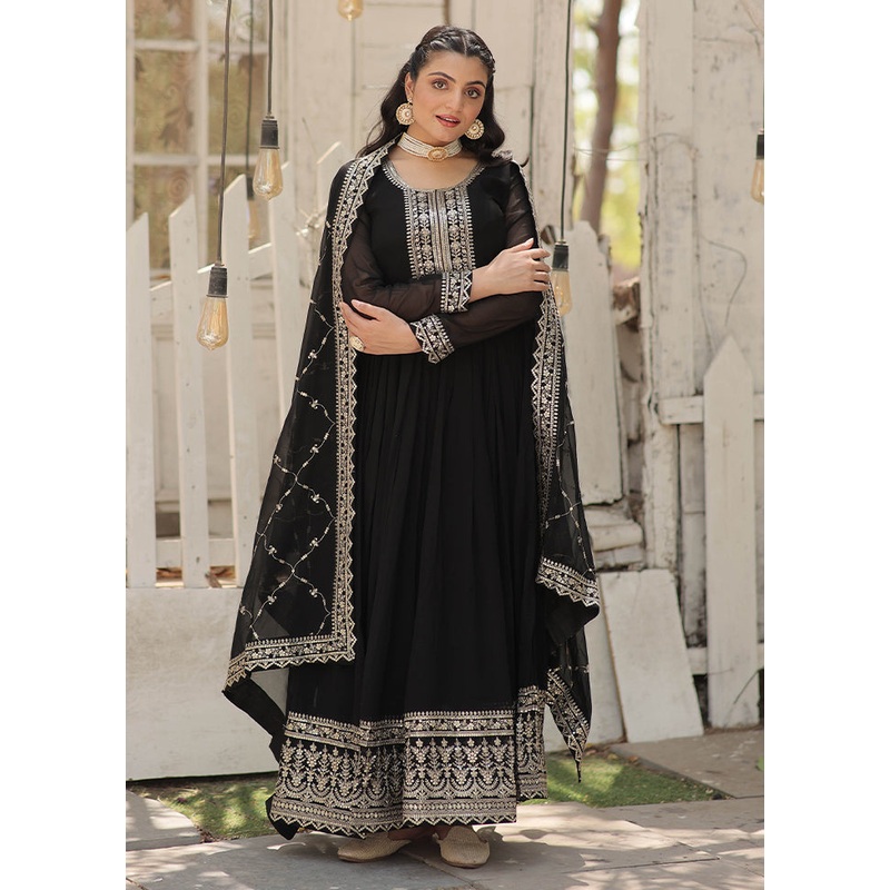 Black Readymade Silk Dupatta Indian Dress - JD986606118