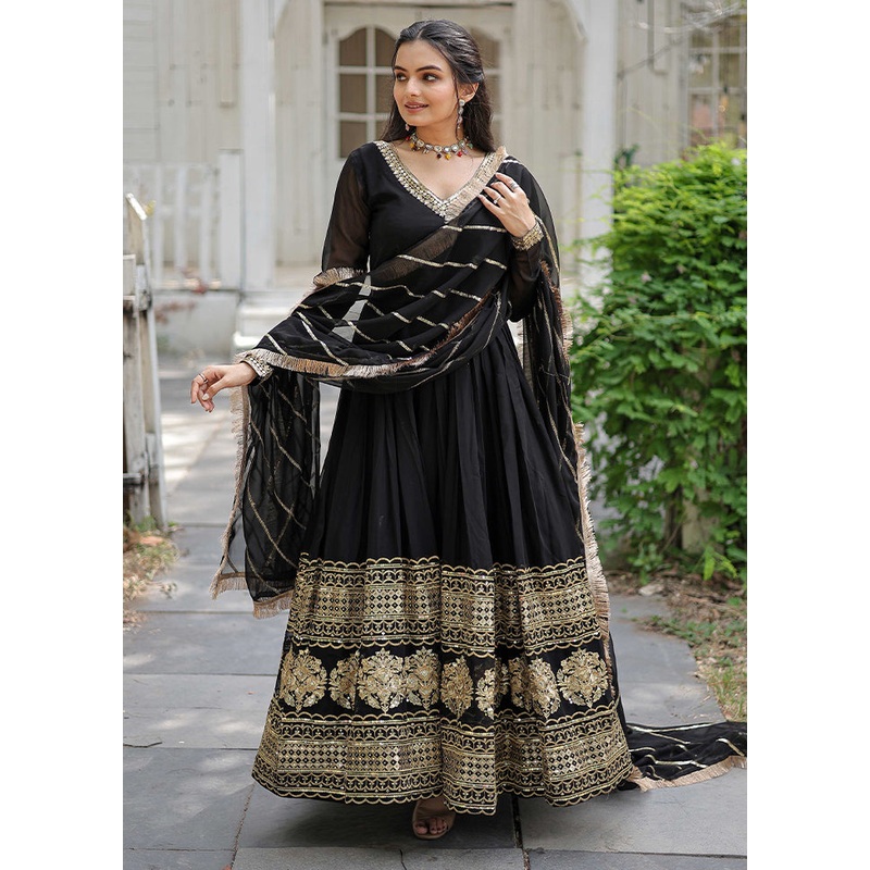 Black Readymade Silk Dupatta Indian Dress - JD986606119