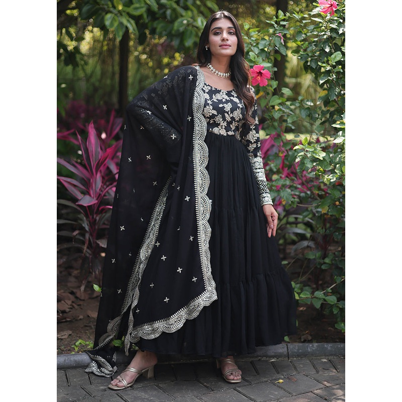 Black Readymade Viscose Dupatta Indian Dress - JD986606117