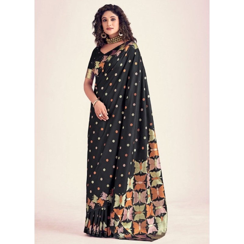 Black Spun Silk Saree With Blouse Piece - JD986606201
