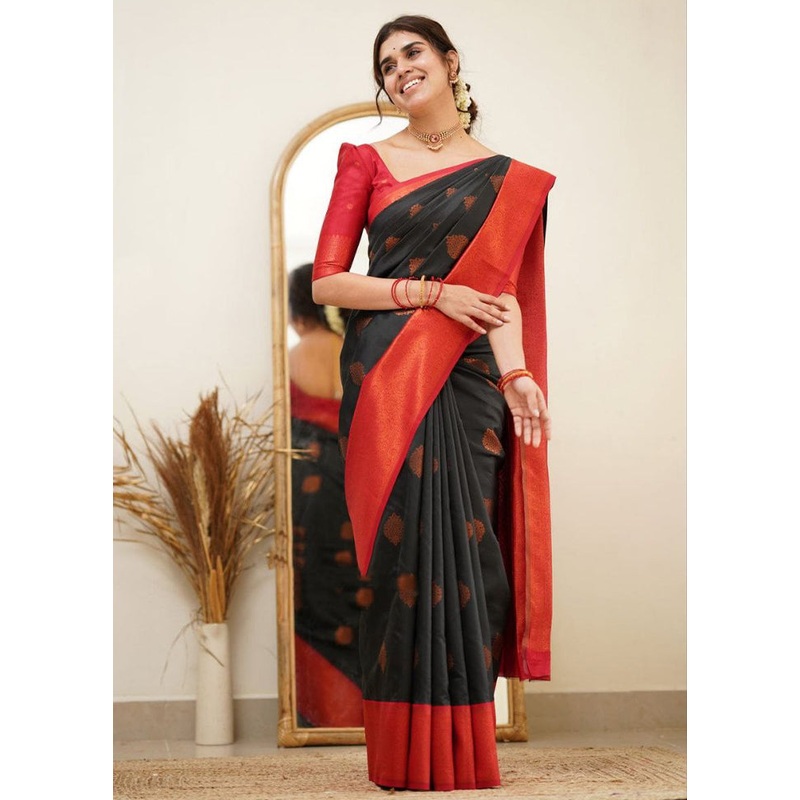 Black Spun Silk Saree With Blouse Piece - JD986606202