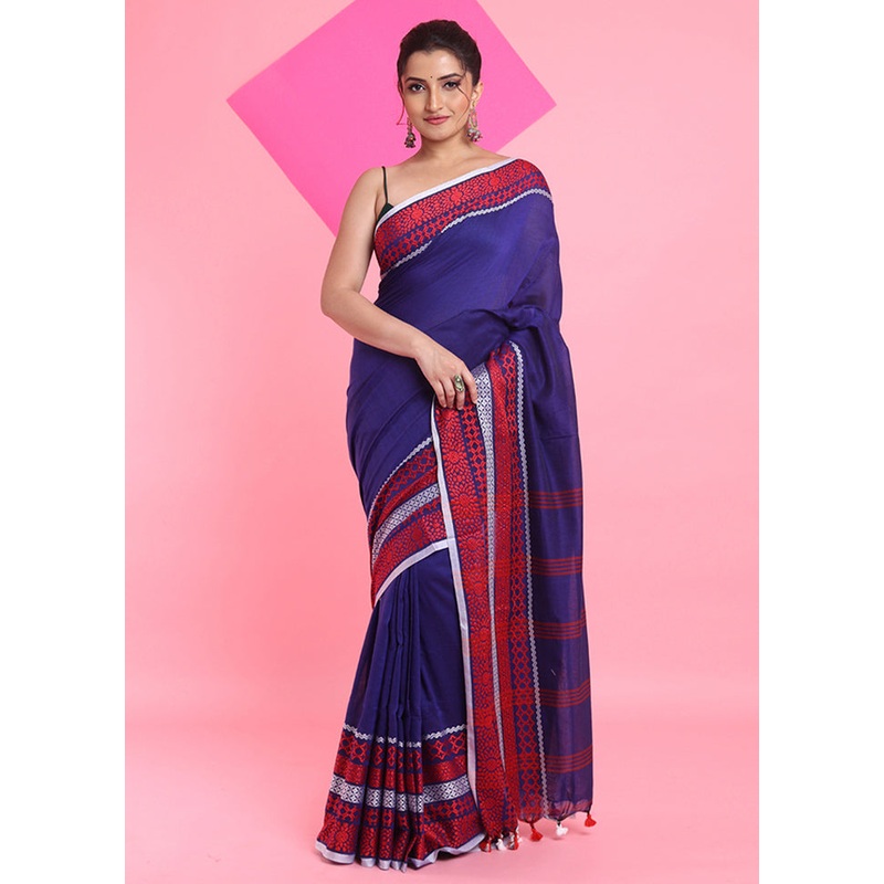 Blue Cotton Saree With Blouse Piece - JD986606282