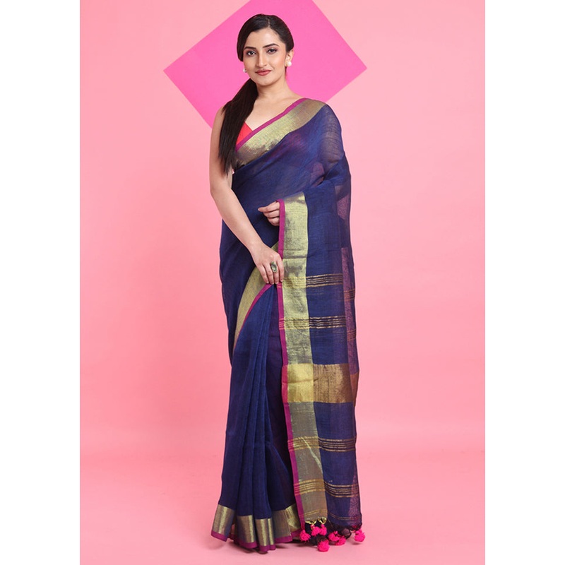 Blue Linen Silk Saree With Blouse Piece - JD986606281