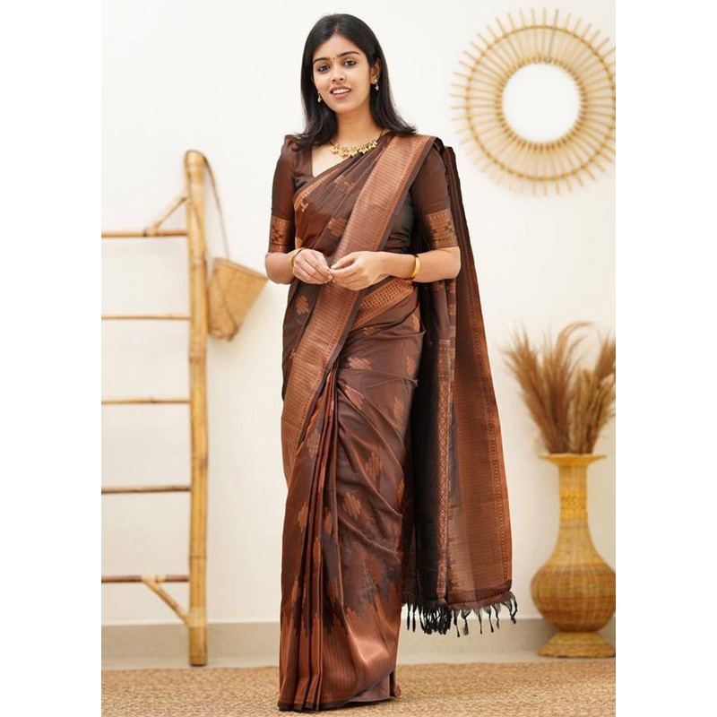 Coffee Banarasi Silk Saree With Blouse Piece - JD986606196