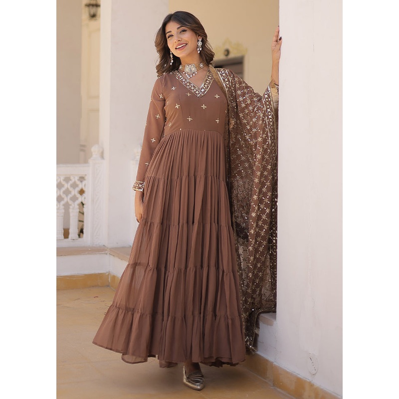 Coffee Readymade Georgette Dupatta Indian Dress - JD986606115