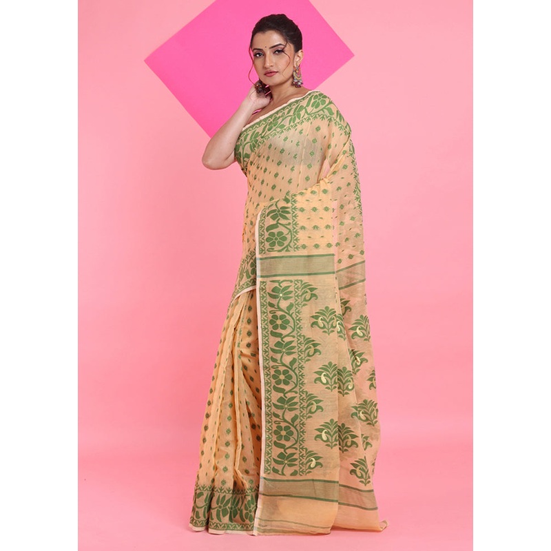 Cream Cotton Woven Work Saree Without Blouse Piece - JD986606276