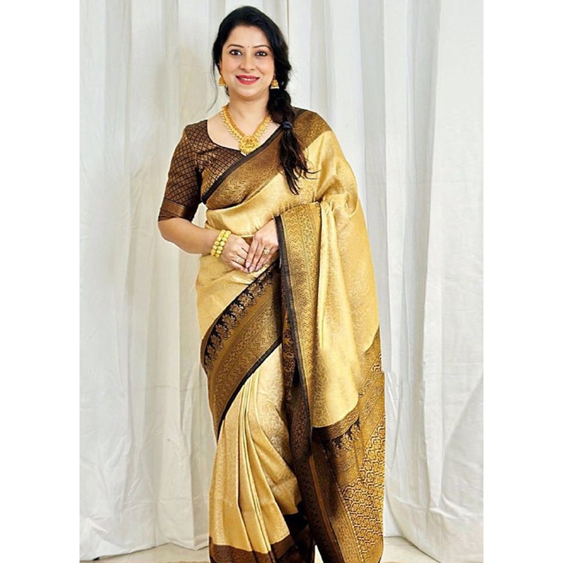 Cream Spun Silk Saree With Blouse Piece - JD986606192