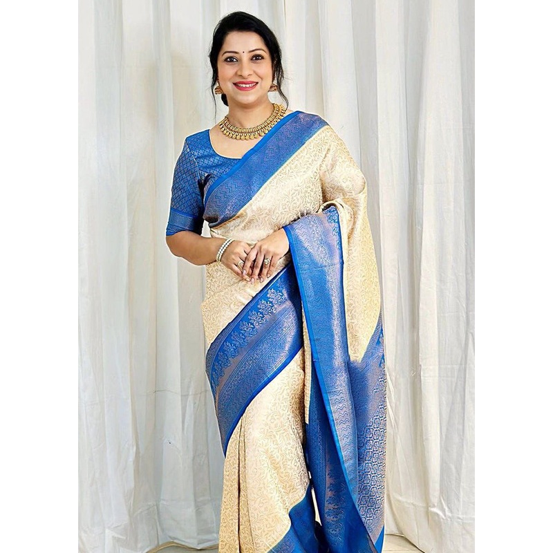 Cream Spun Silk Saree With Blouse Piece - JD986606193