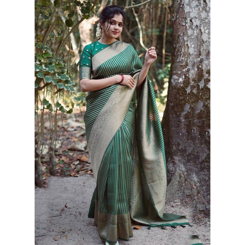 Green Banarasi Silk Saree With Blouse Piece - JD986606188