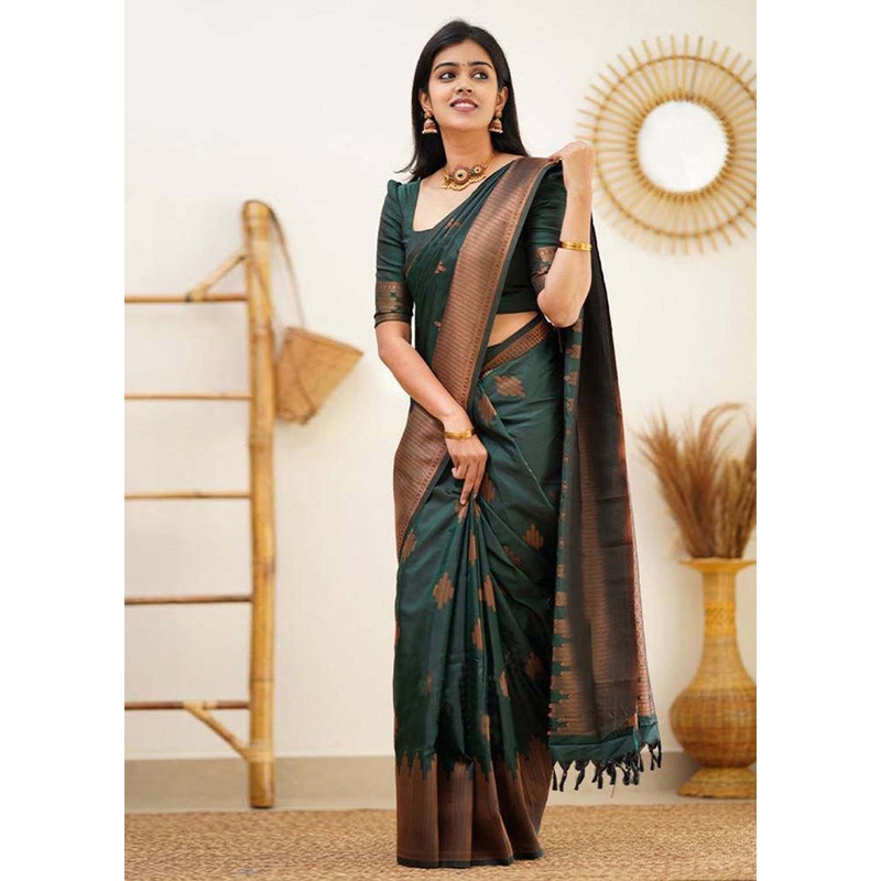 Green Banarasi Silk Saree With Blouse Piece - JD986606189