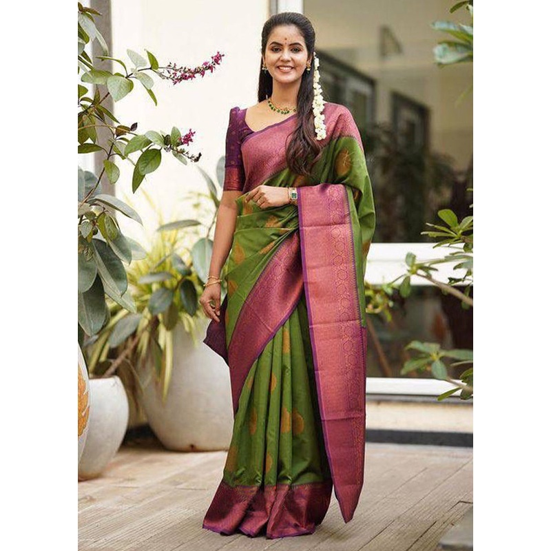 Green Banarasi Silk Saree With Blouse Piece - JD986606190
