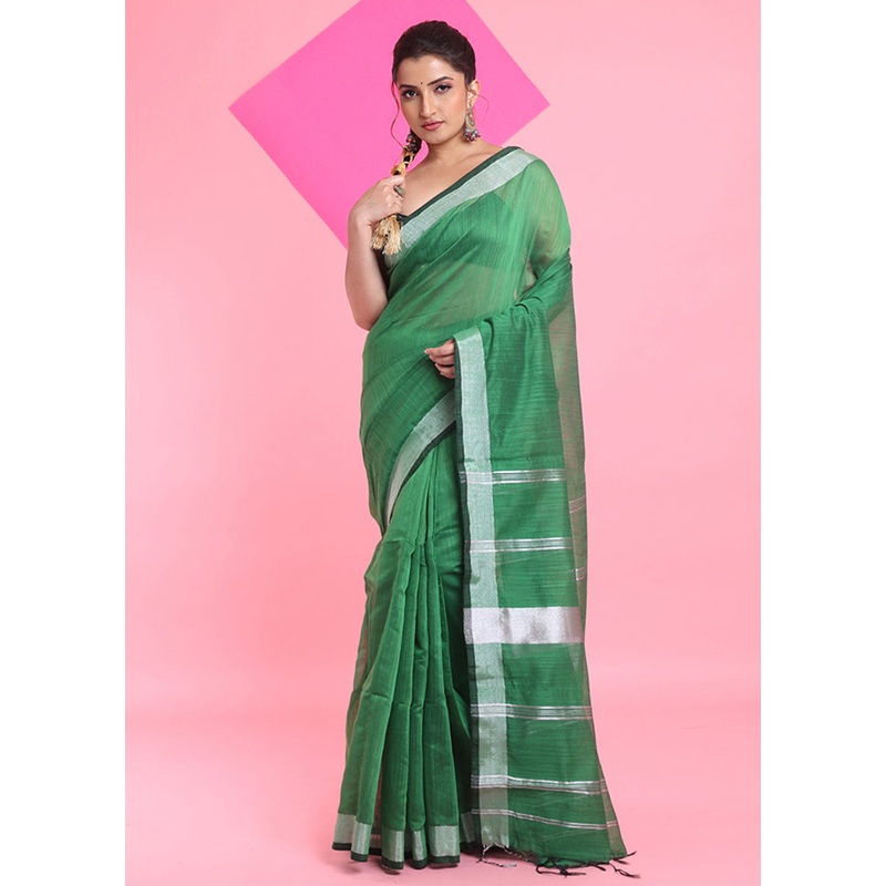 Green Cotton Saree With Blouse Piece - JD986606274