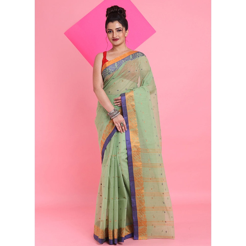 Green Cotton Woven Work Saree Without Blouse Piece - JD986606273