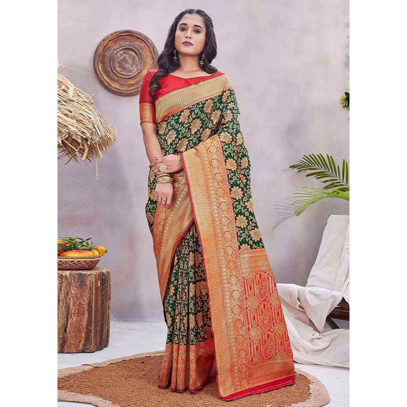 Green Dupion Silk Saree With Blouse Piece - JD986606219