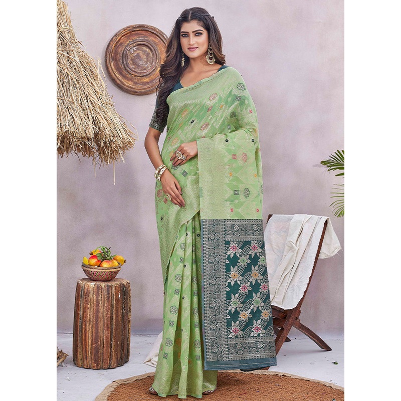 Green Dupion Silk Saree With Blouse Piece - JD986606222