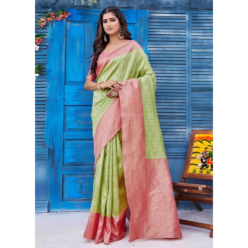 Green Dupion Silk Saree With Blouse Piece - JD986606223