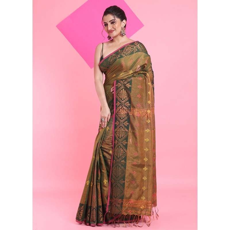 Green Spun Silk Saree With Blouse Piece - JD986606272