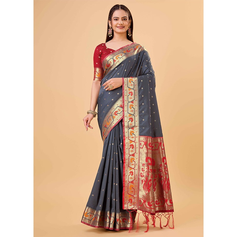 Grey Banarasi Silk Saree With Blouse Piece - JD986606181