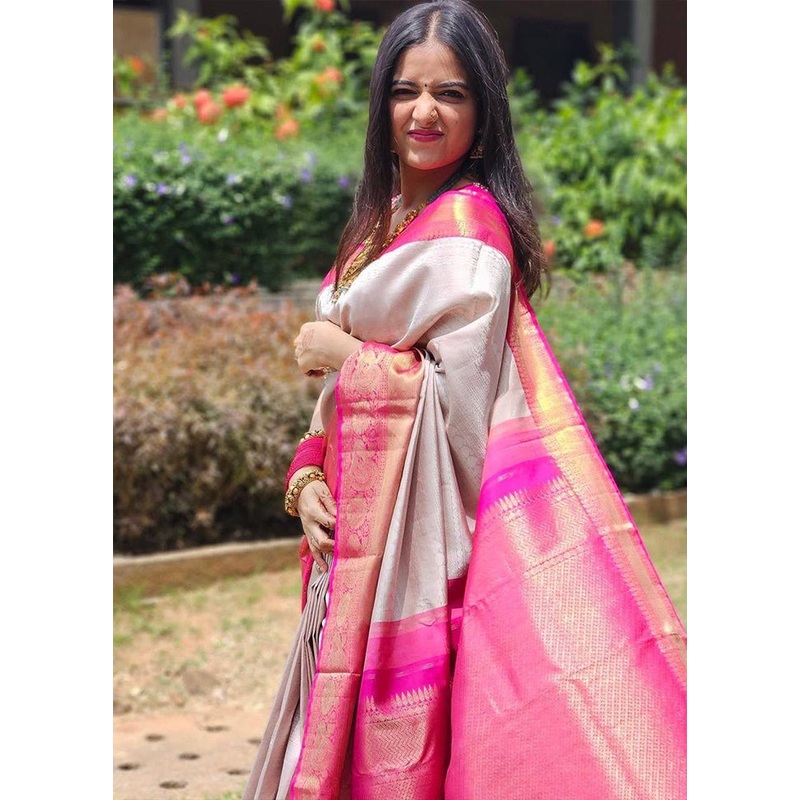 Grey Banarasi Silk Saree With Blouse Piece - JD986606182