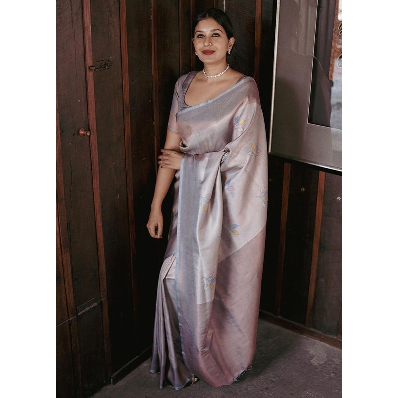 Grey Banarasi Silk Saree With Blouse Piece - JD986606183