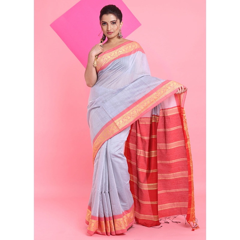 Grey Cotton Saree With Blouse Piece - JD986606271