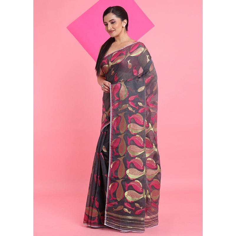 Grey Cotton Woven Work Saree Without Blouse Piece - JD986606270