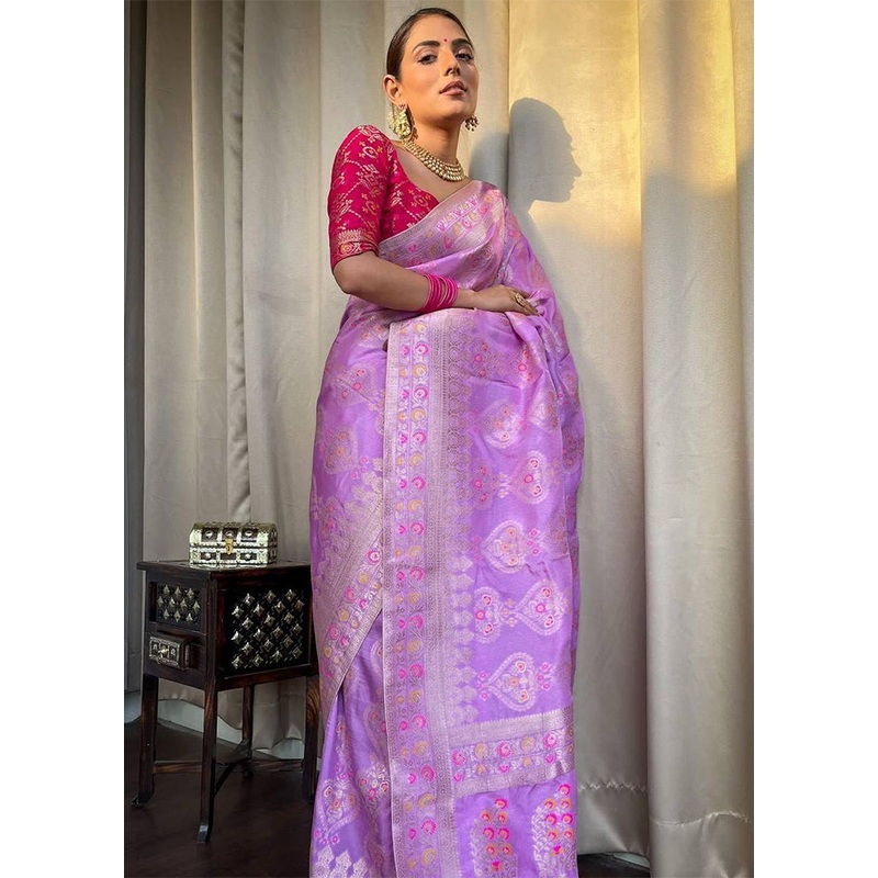 Lavender Banarasi Silk Saree With Blouse Piece - JD986606179