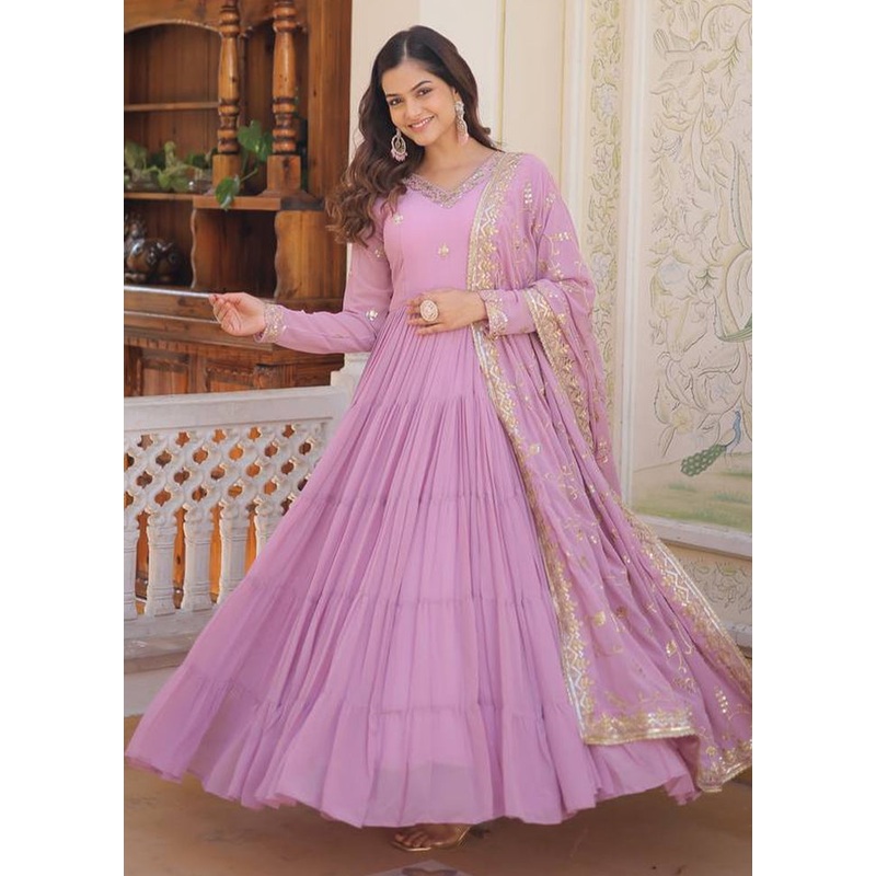 Lavender Readymade Georgette Dupatta Indian Dress - JD986606114