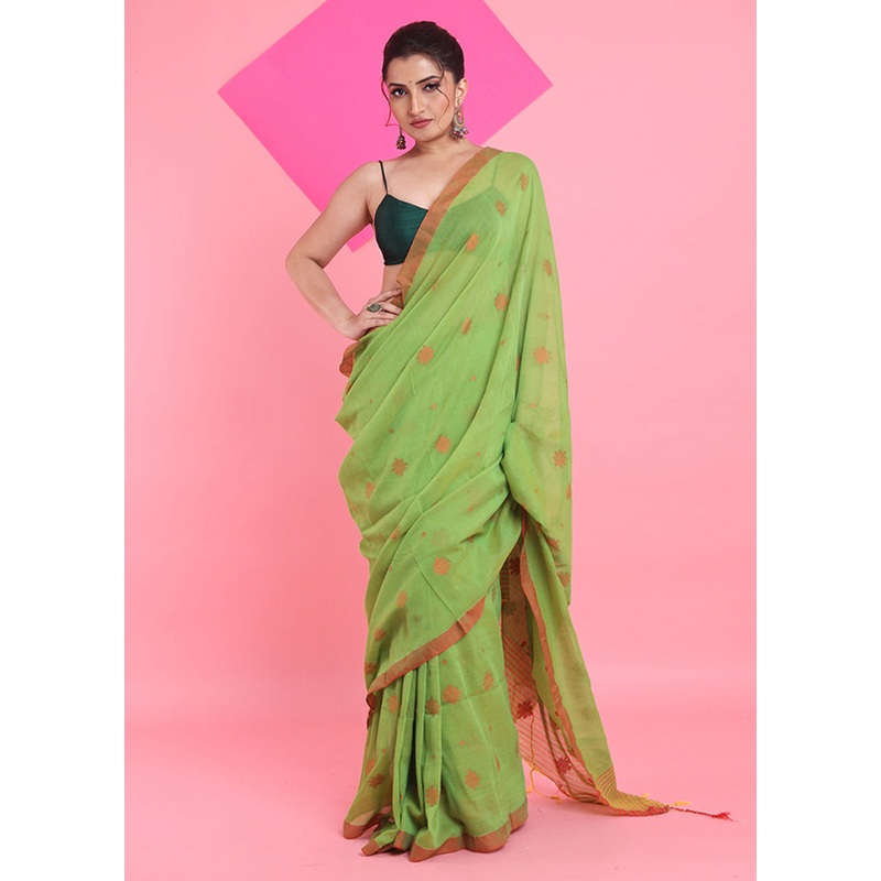 Light Green Cotton Saree With Blouse Piece - JD986606269