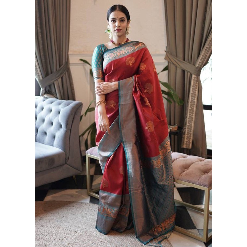 Maroon Banarasi Silk Saree With Blouse Piece - JD986606178