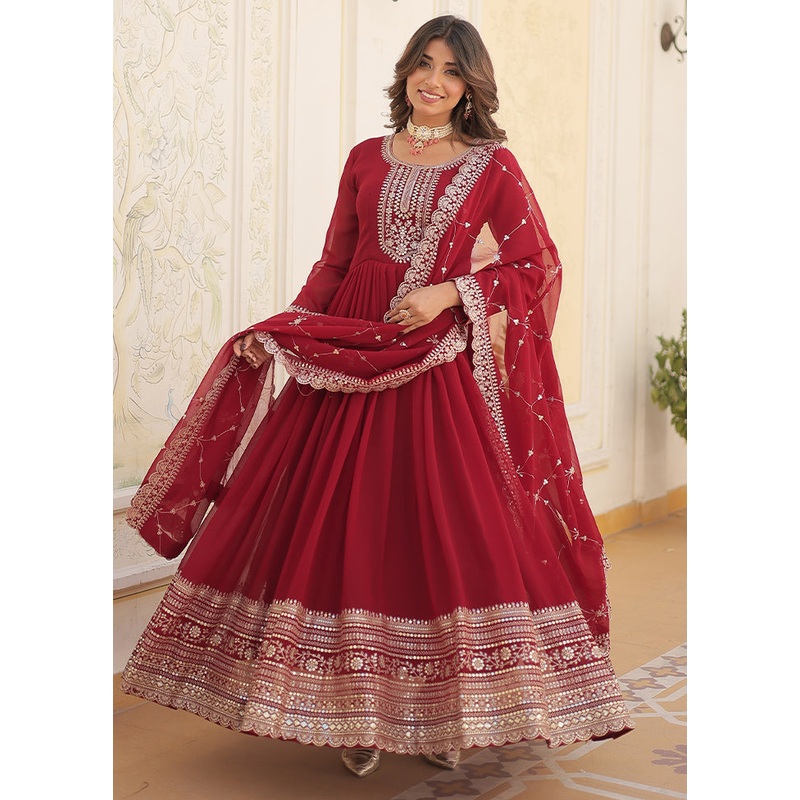 Maroon Readymade Georgette Dupatta Indian Dress - JD986606113