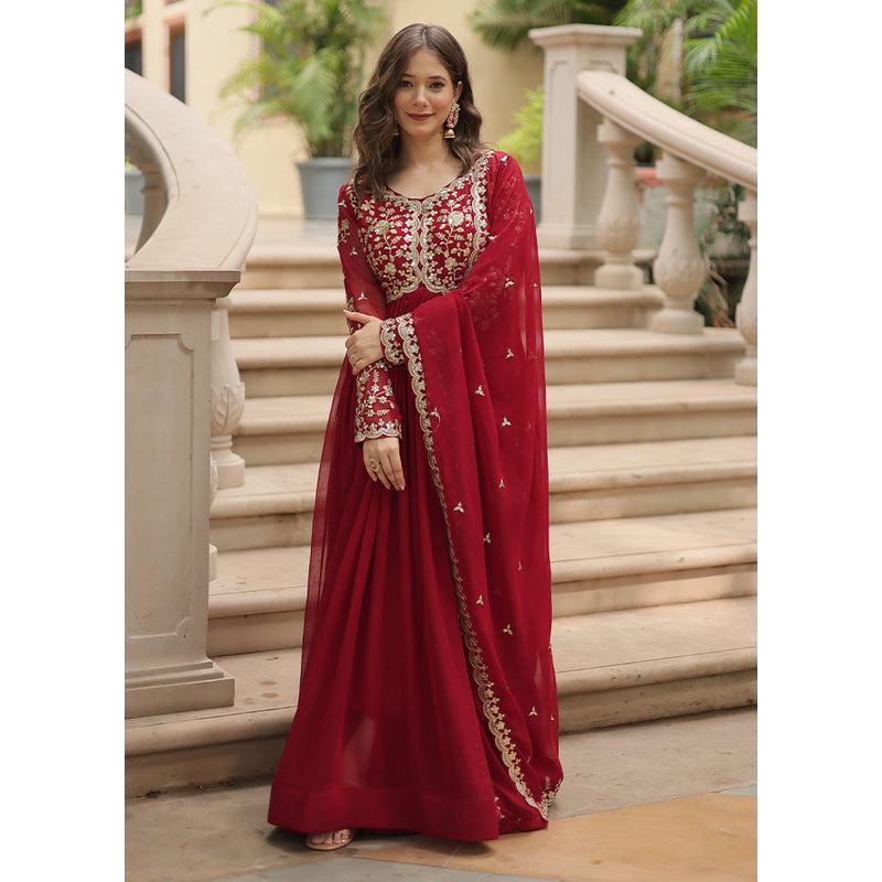 Maroon Readymade Silk Dupatta Indian Dress - JD986606109