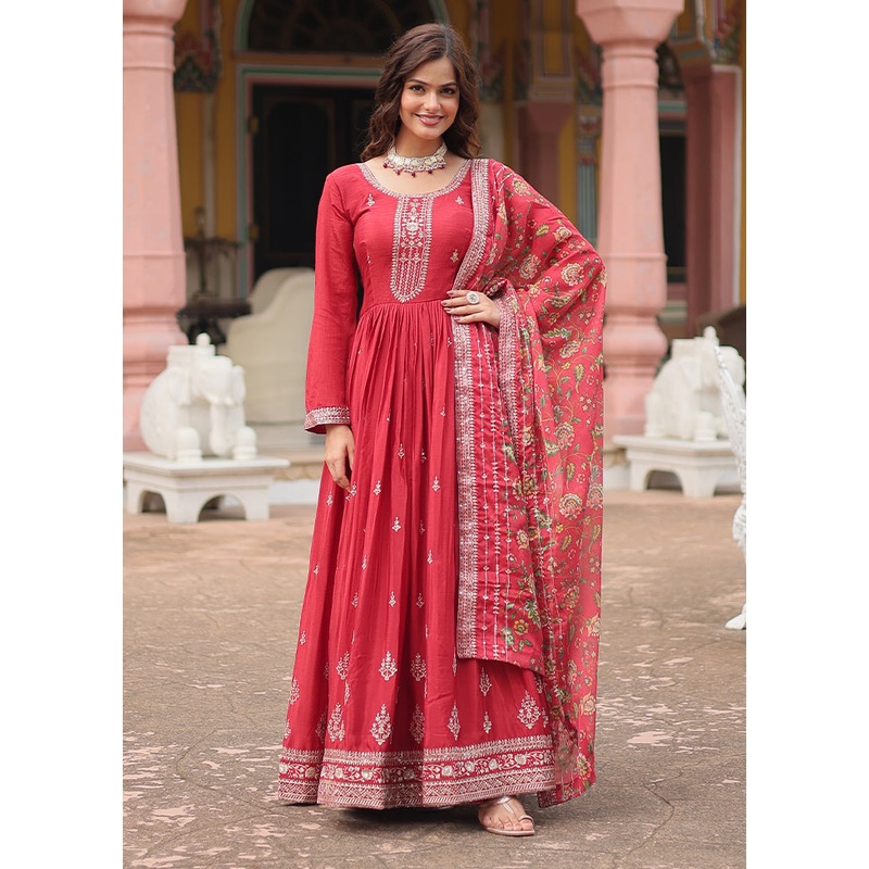 Maroon Readymade Silk Dupatta Indian Dress - JD986606110