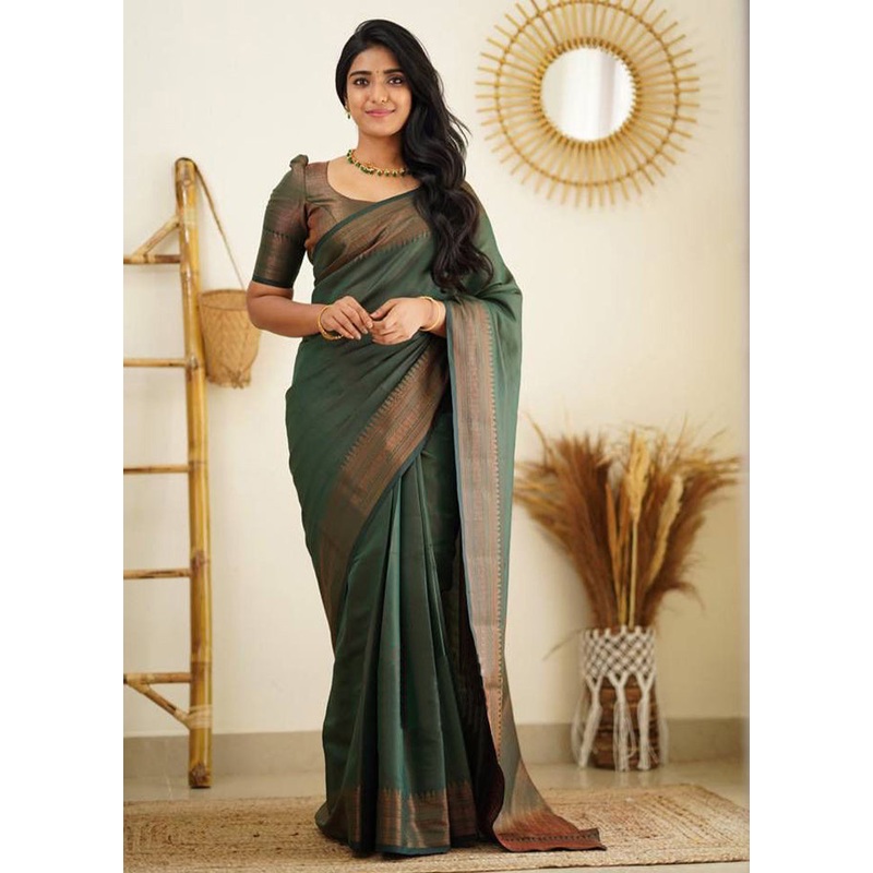 Mehendi Banarasi Silk Saree With Blouse Piece - JD986606175