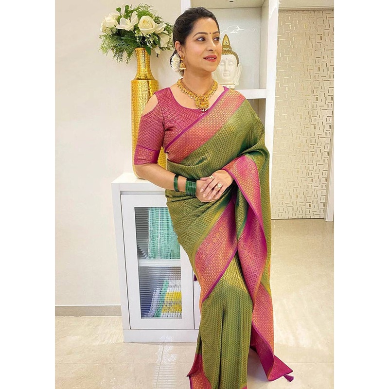 Mehendi Banarasi Silk Saree With Blouse Piece - JD986606176