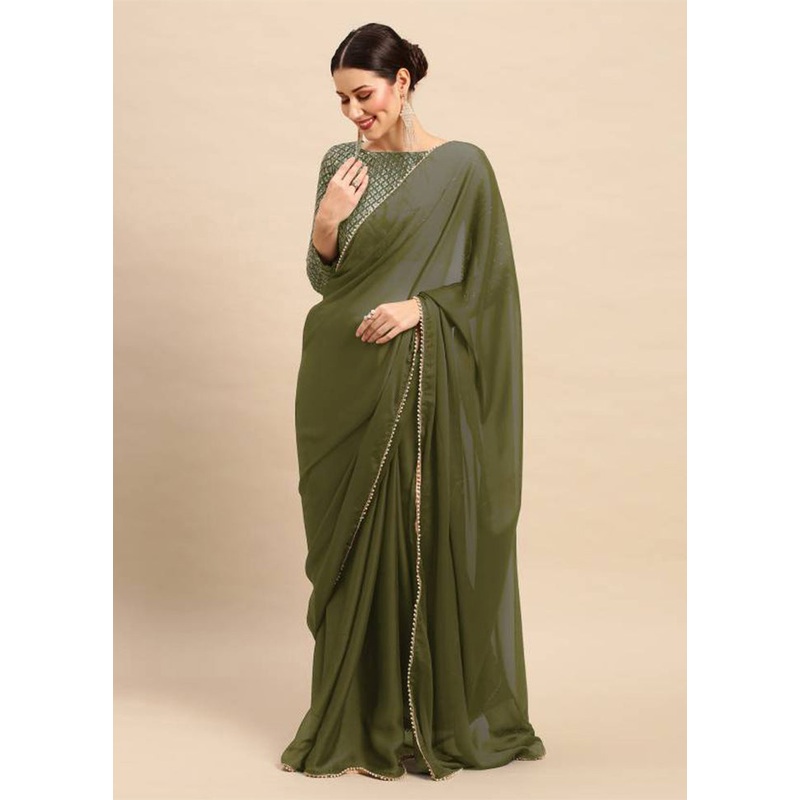 Mehendi Satin Silk Saree With Blouse Piece - JD986606173