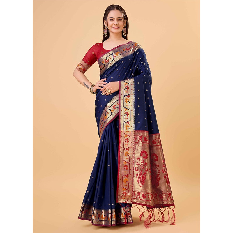 Navy Blue Banarasi Silk Saree With Blouse Piece - JD986606154