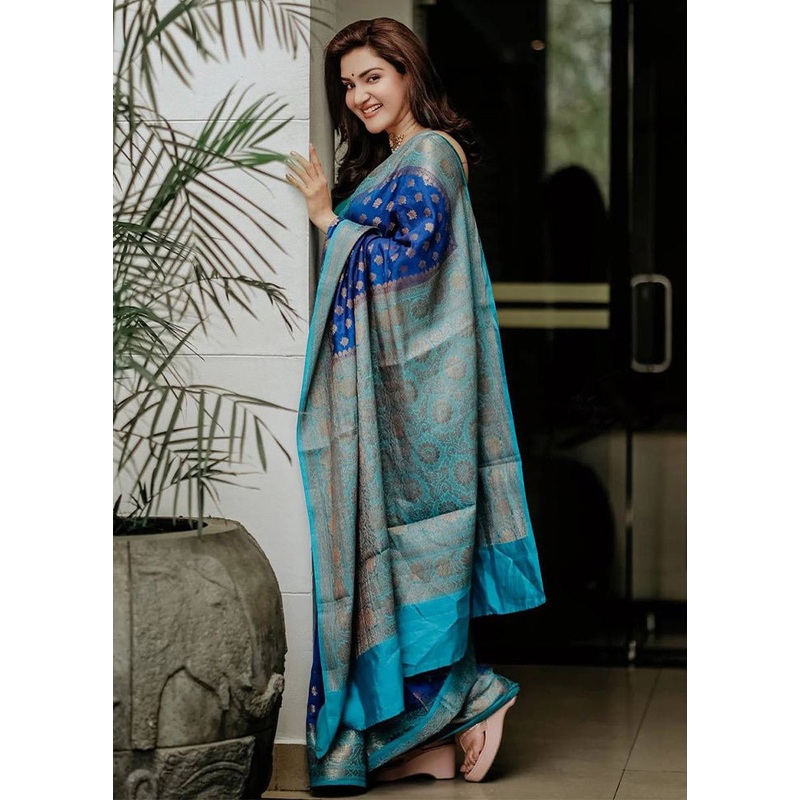 Navy Blue Banarasi Silk Saree With Blouse Piece - JD986606155