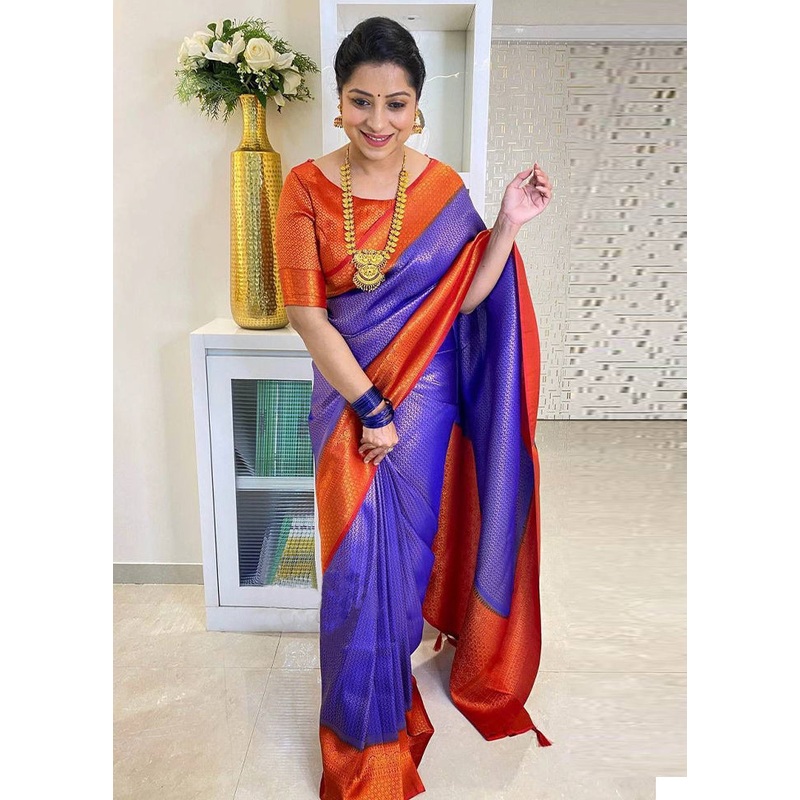 Navy Blue Banarasi Silk Saree With Blouse Piece - JD986606156