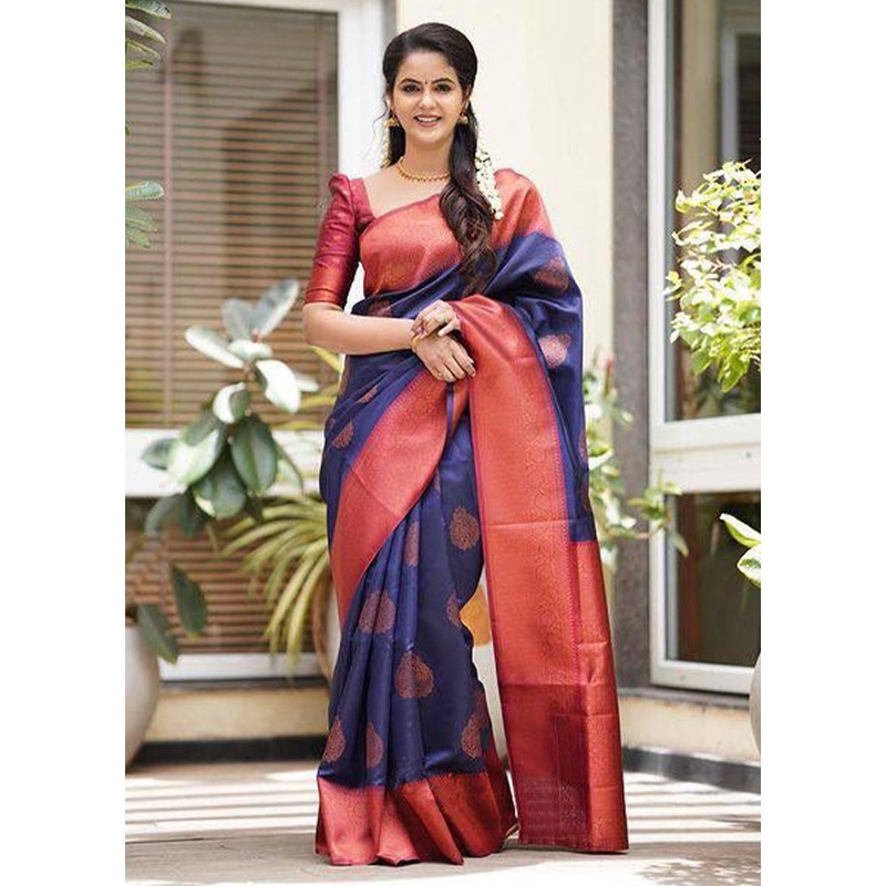 Navy Blue Banarasi Silk Saree With Blouse Piece - JD986606157