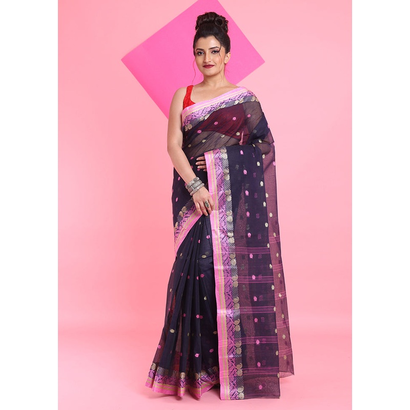 Navy Blue Cotton Woven Work Saree Without Blouse Piece - JD986606267