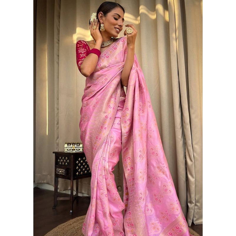 Onion Pink Banarasi Silk Saree With Blouse Piece - JD986606153