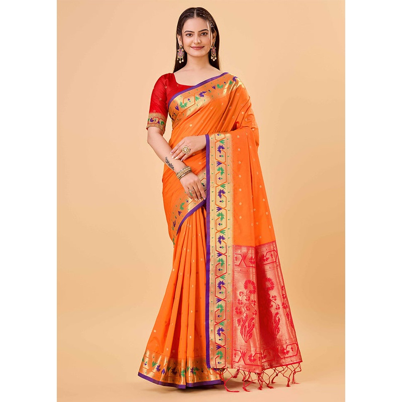 Orange Banarasi Silk Saree With Blouse Piece - JD986606151