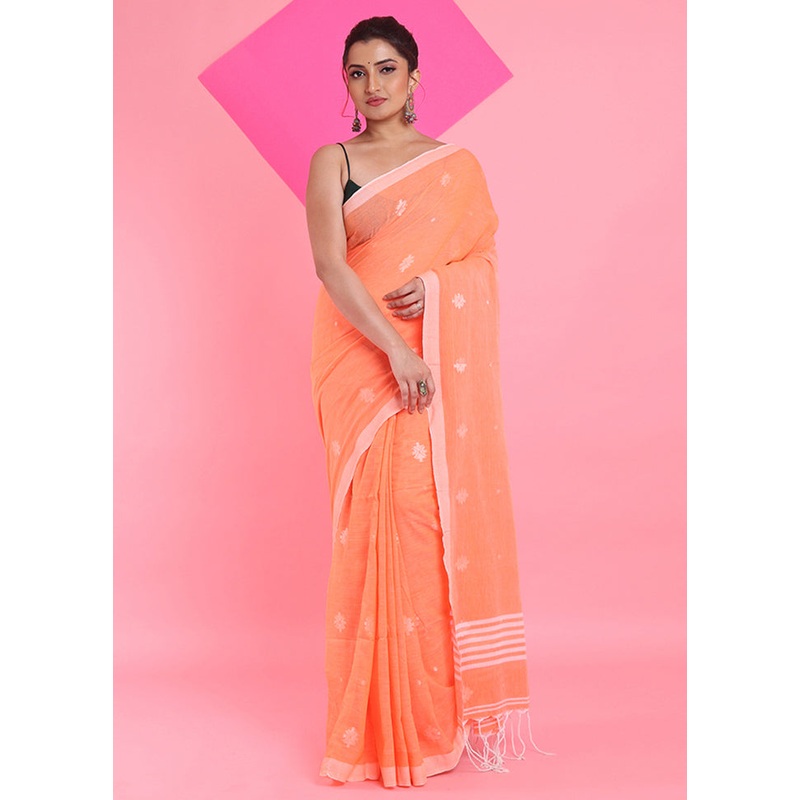 Orange Cotton Saree With Blouse Piece - JD986606265