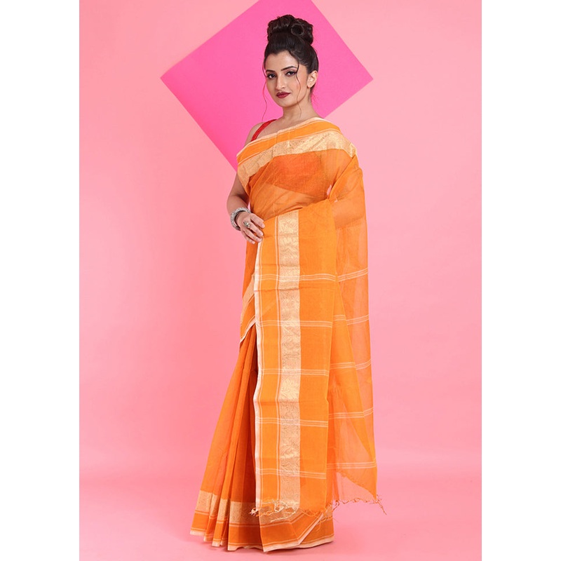 Orange Cotton Woven Work Saree Without Blouse Piece - JD986606264
