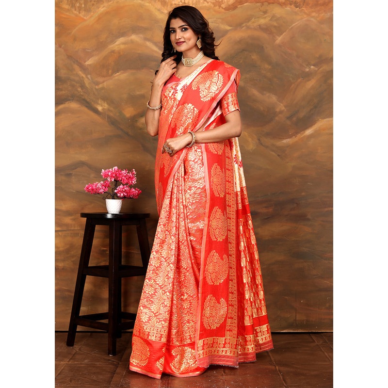 Orange Dupion Silk Saree With Blouse Piece - JD986606211