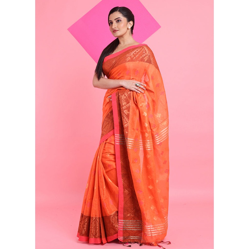 Orange Spun Silk Saree With Blouse Piece - JD986606263